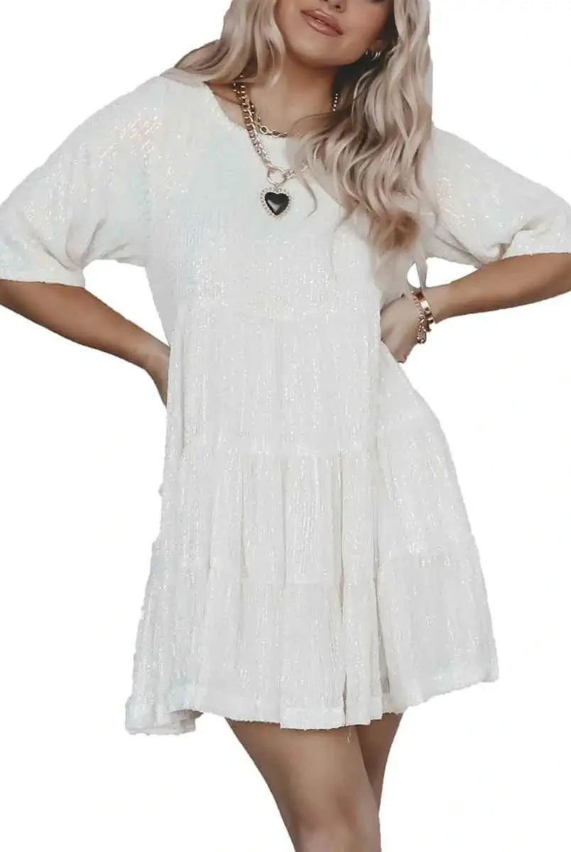 Loose Fit Sequin Mini Dress White