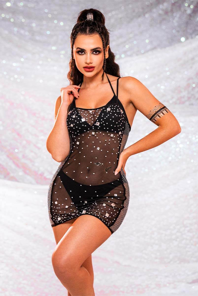 Black Sheer Rhinestone Mini Cami Dress