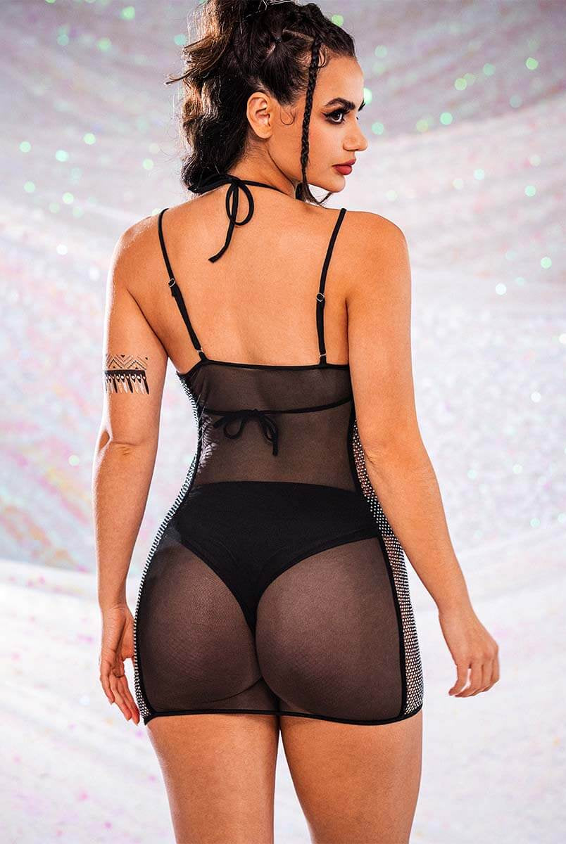 Black Rhinestone Sheer Mini Cami Dress