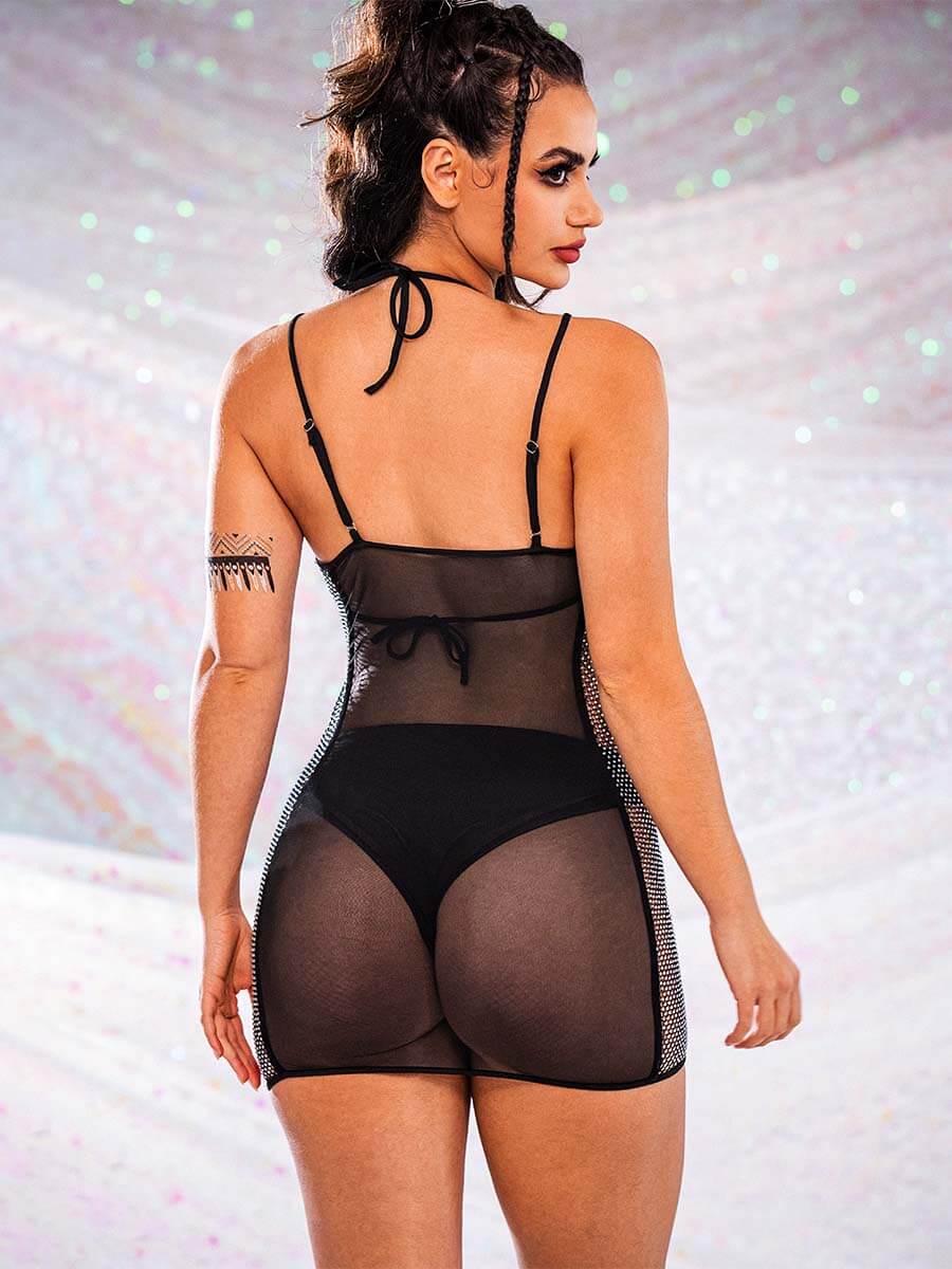 Black Rhinestone Sheer Mini Cami Dress