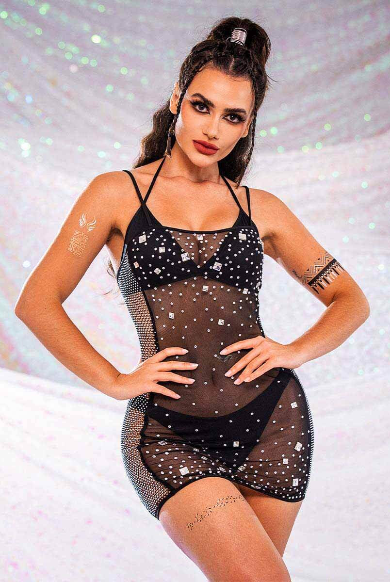 Rhinestone Sheer Black Mini Cami Dress