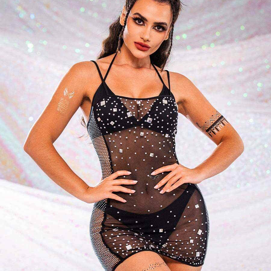 Rhinestone Sheer Black Mini Cami Dress