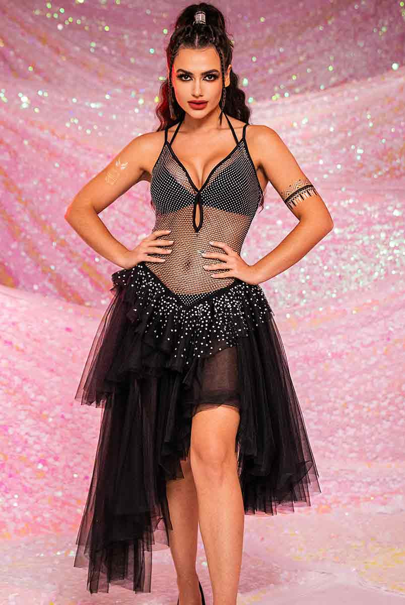 V-Neck Rhinestone Black Dress - Mesh Patchwork Tulle Dress