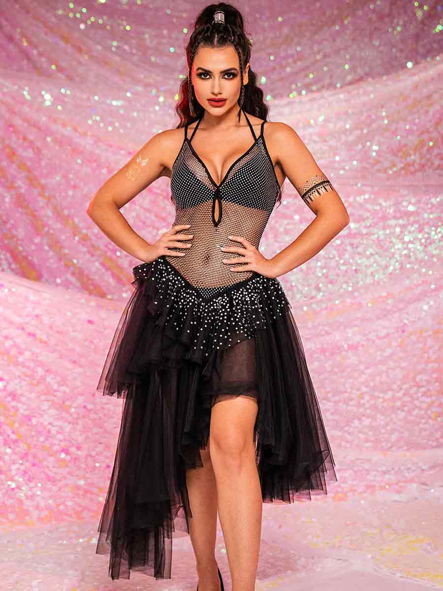 V-Neck Rhinestone Black Dress - Mesh Patchwork Tulle Dress