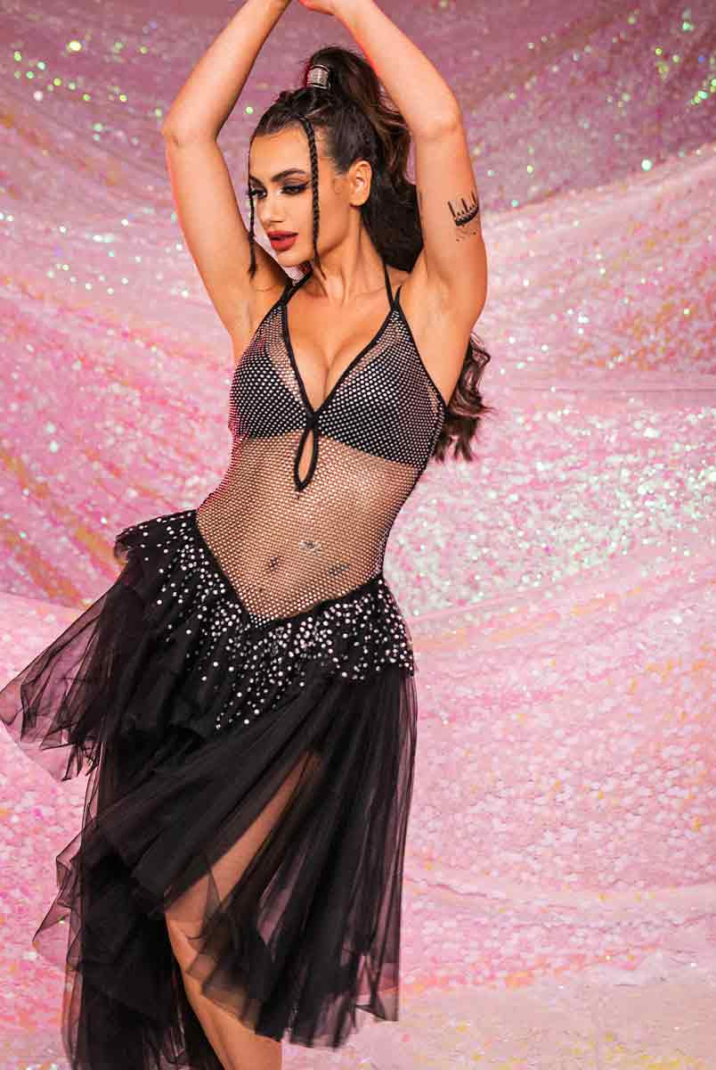 V-Neck Rhinestone Black Dress