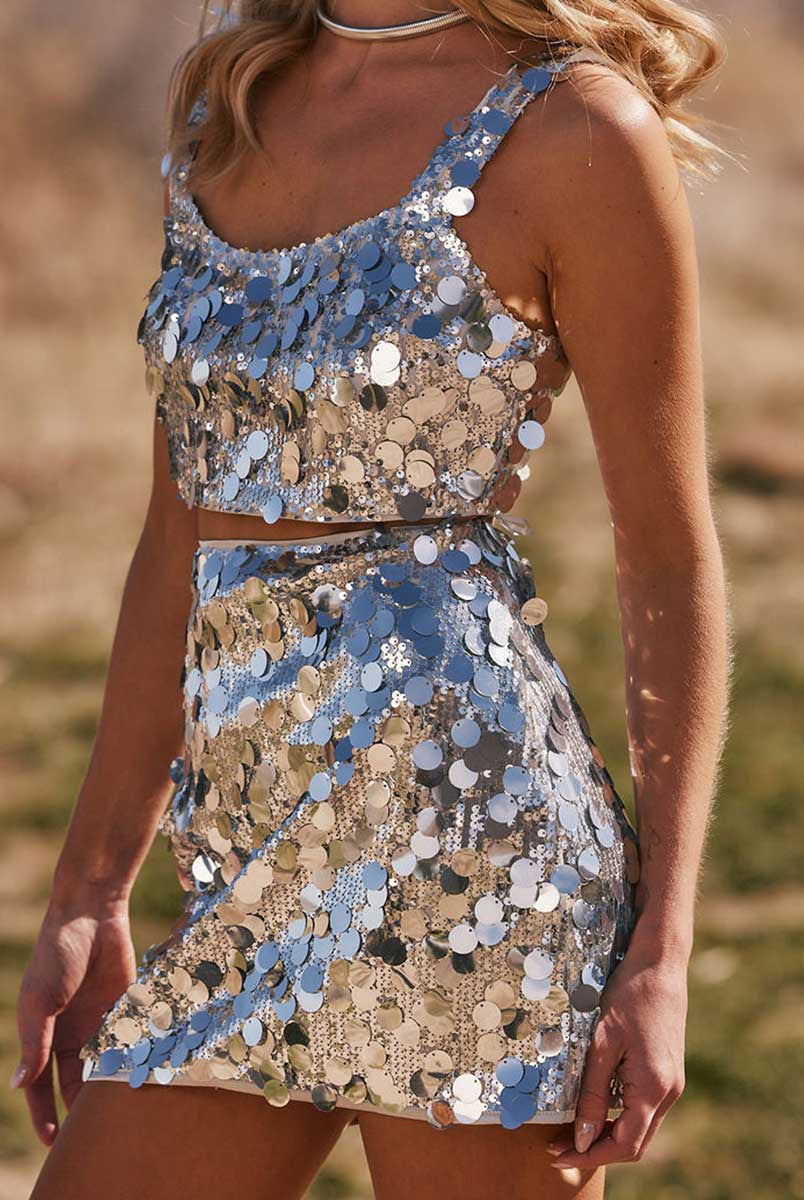 Sequin Two Piece Skirt Set - Silver Skirt And Top Set