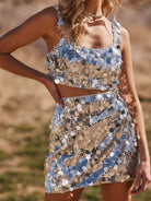 Silver Sequin Two Piece Set - Mini Skirt + Crop Top