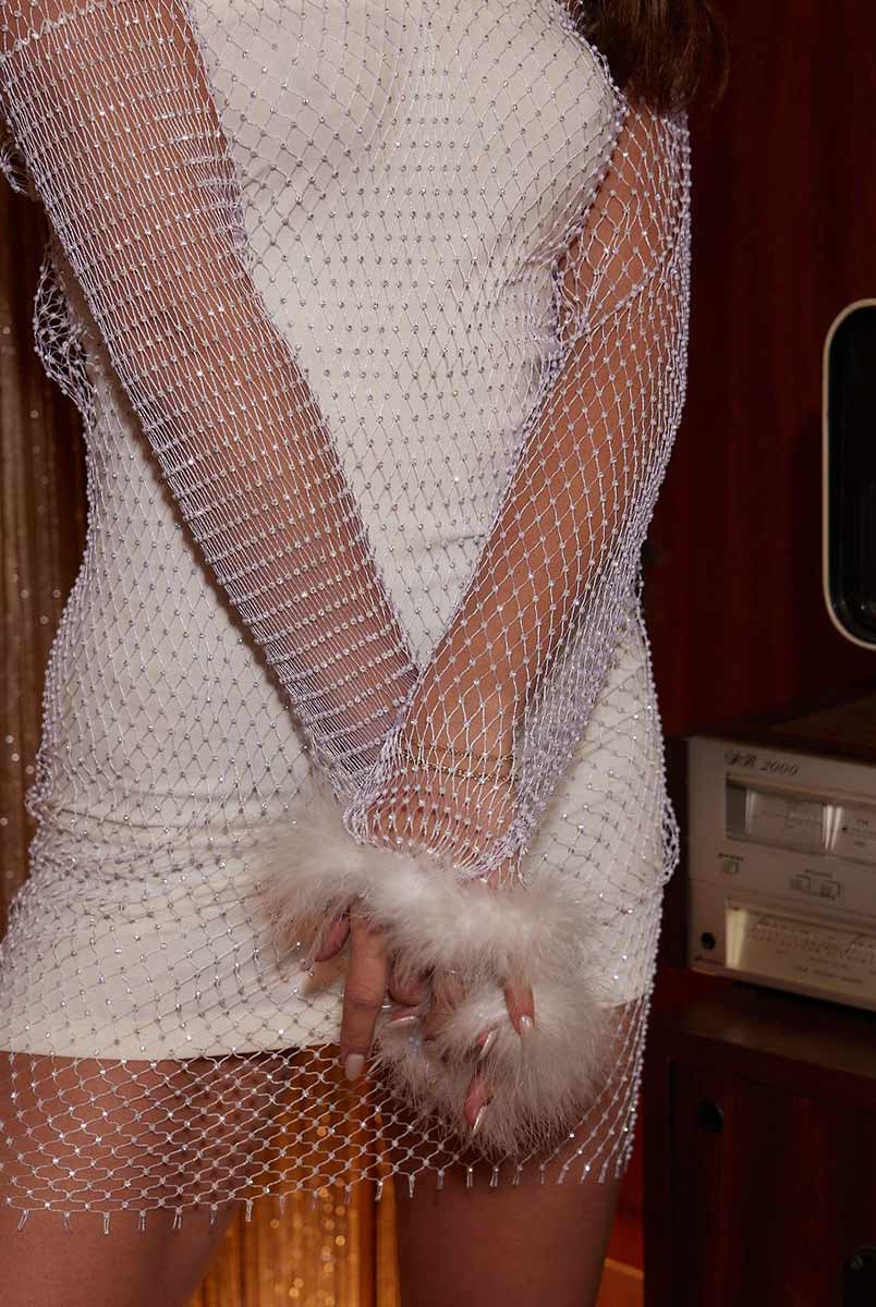 Mesh Long Sleeve White Rhinestone Mini Dress