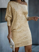 Slant Shoulder Shirt Sequin Long Sleeve Dress