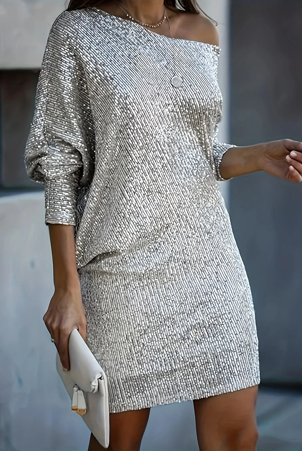 silver long sleeve sequin dress