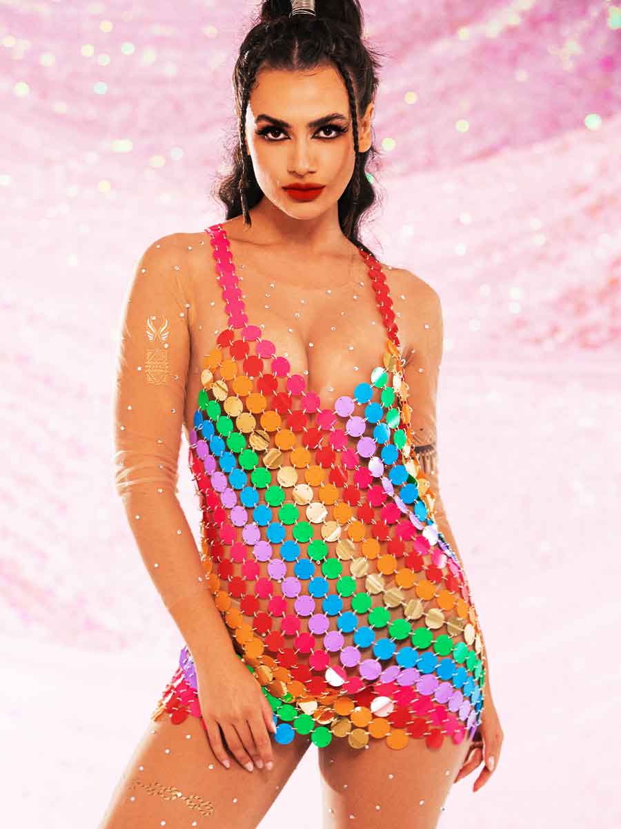 rainbow chainmail dress