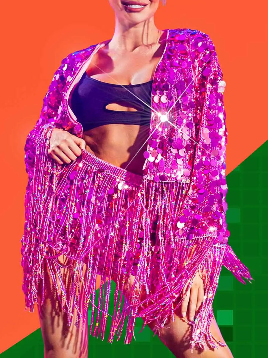 Pink Fringe Sequin Jacket Set