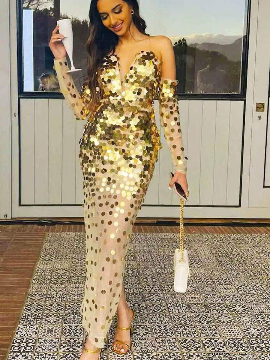 Off-Shoulder Sequin Sheer Gown