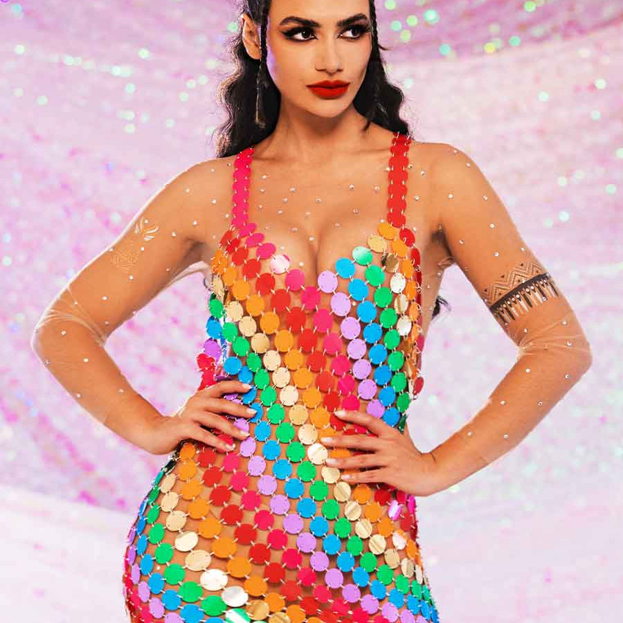 Sequined Rainbow Chainmail Dress – Essential for cocktail parties