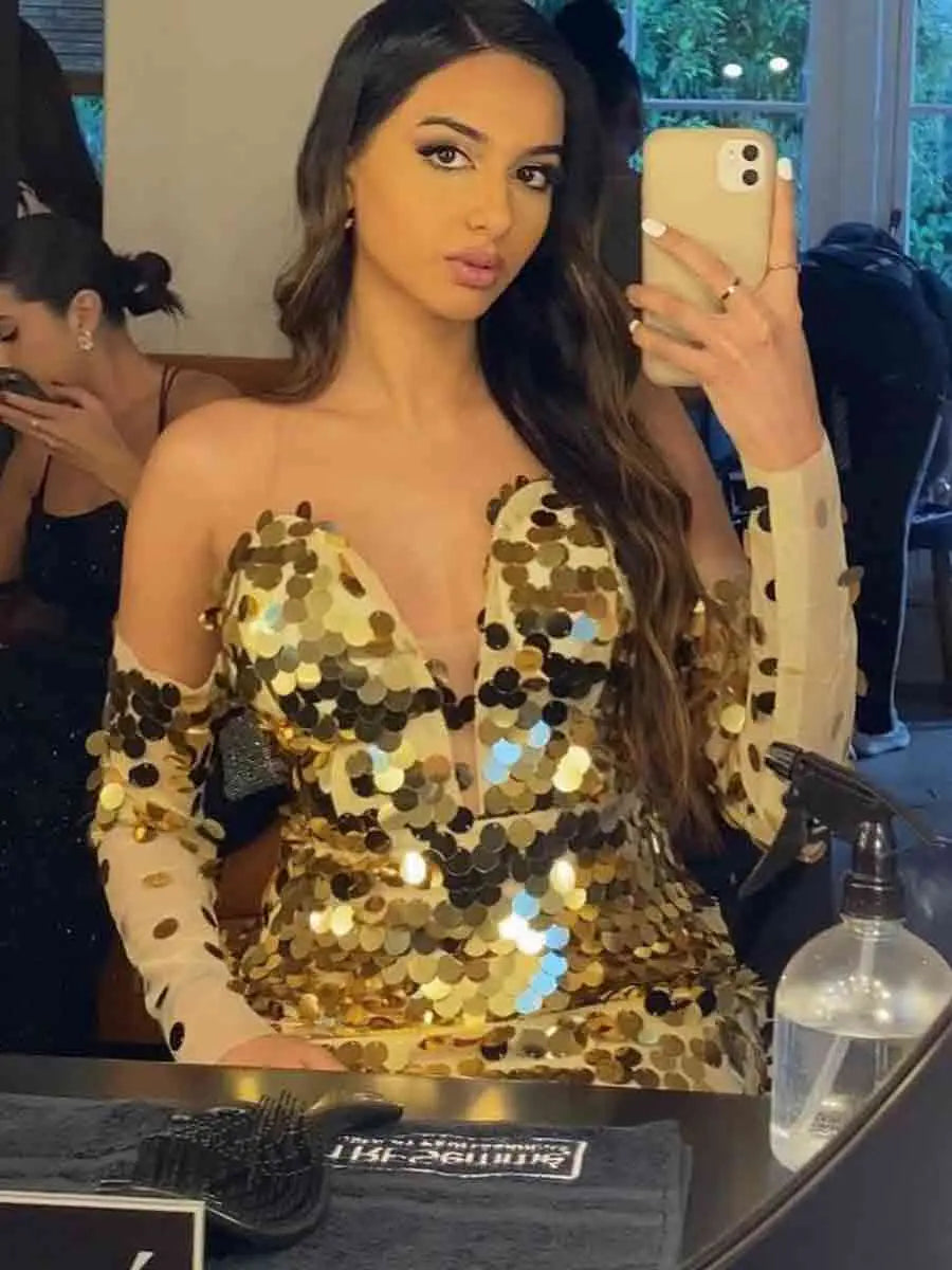 Sequin & Sheer Off-Shoulder Dress