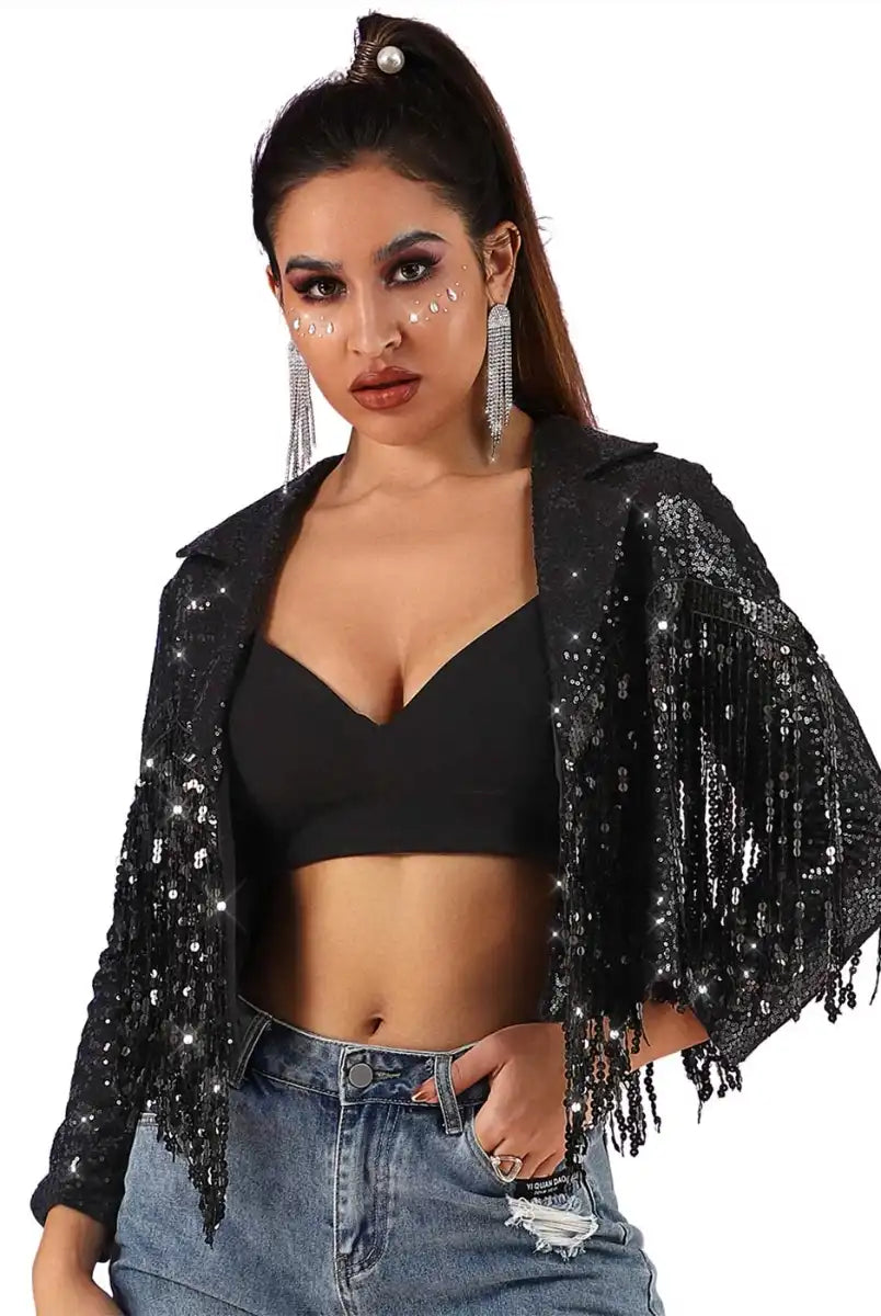 black sparkly fringe jacket
