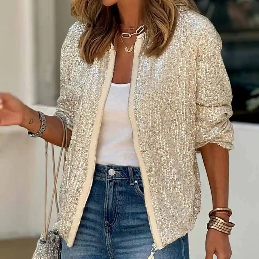 Round Neck Long Sleeve Mid-length Sequined Jacket