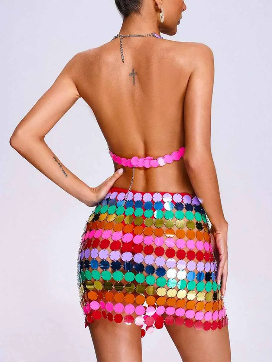 Rainbow Sequin Mini Skirt + Rainbow Sequin Bra Top