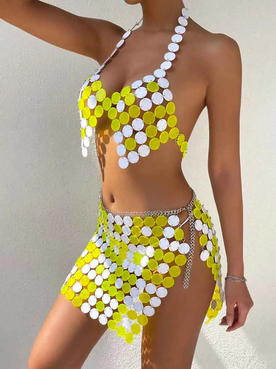 Yellow & White Sequin Skirt Set