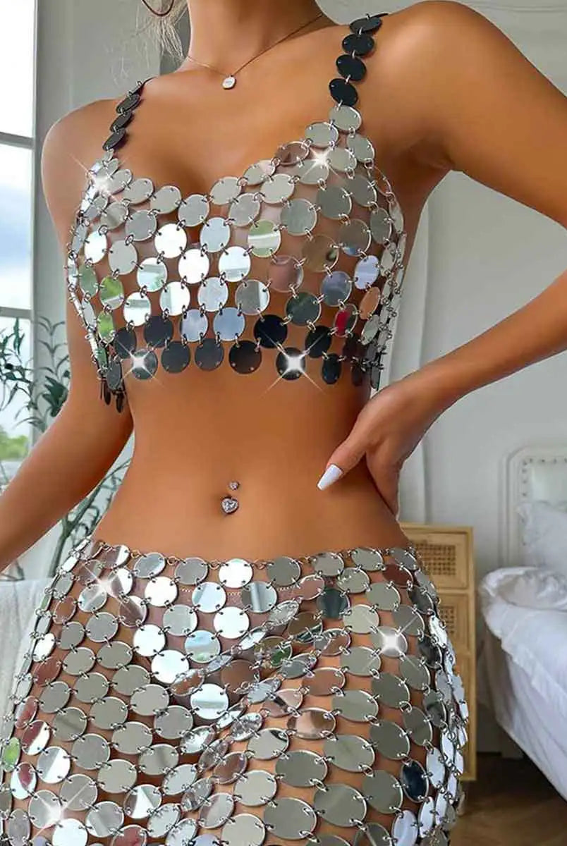 Silver Sequin Skirt Set
