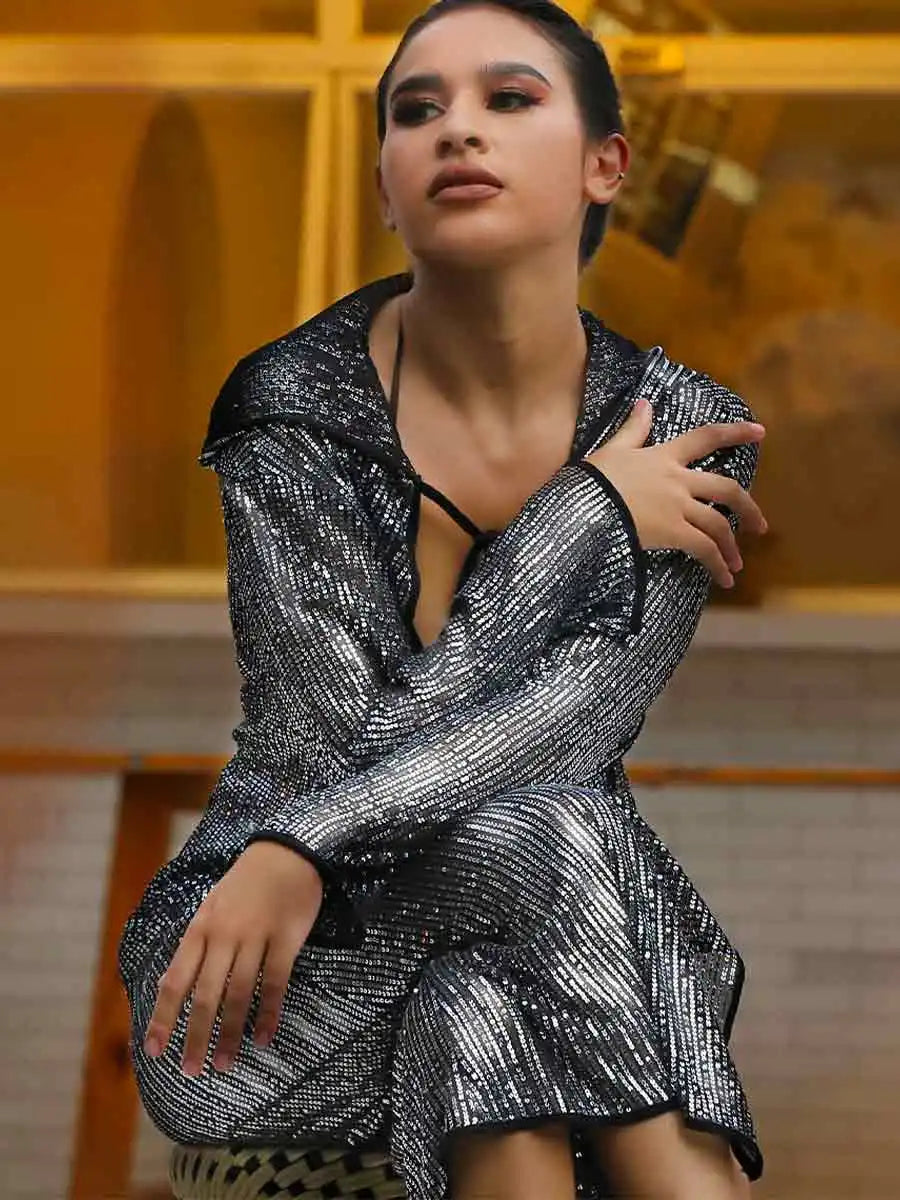 silver long sleeve sequin cape with hood