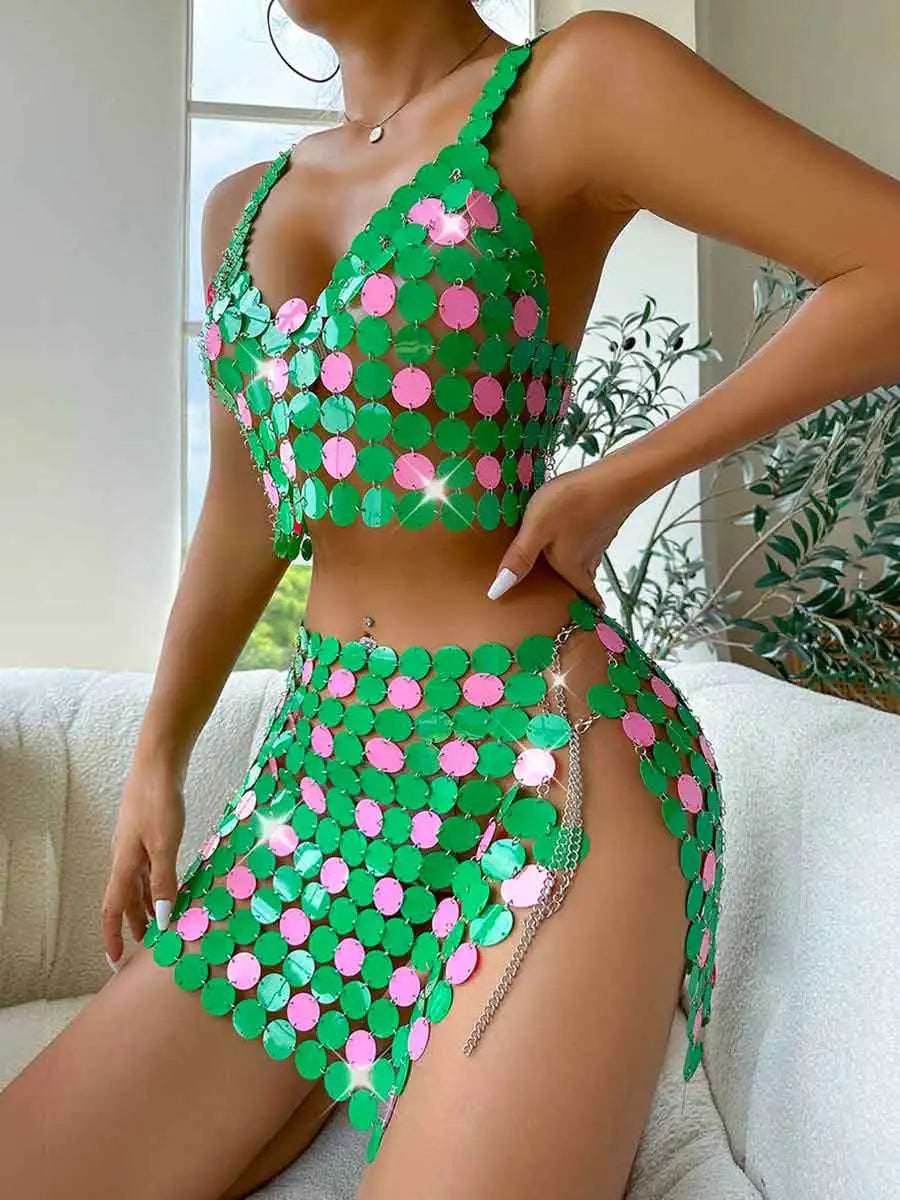 Green Sequin Mini Skirt Set