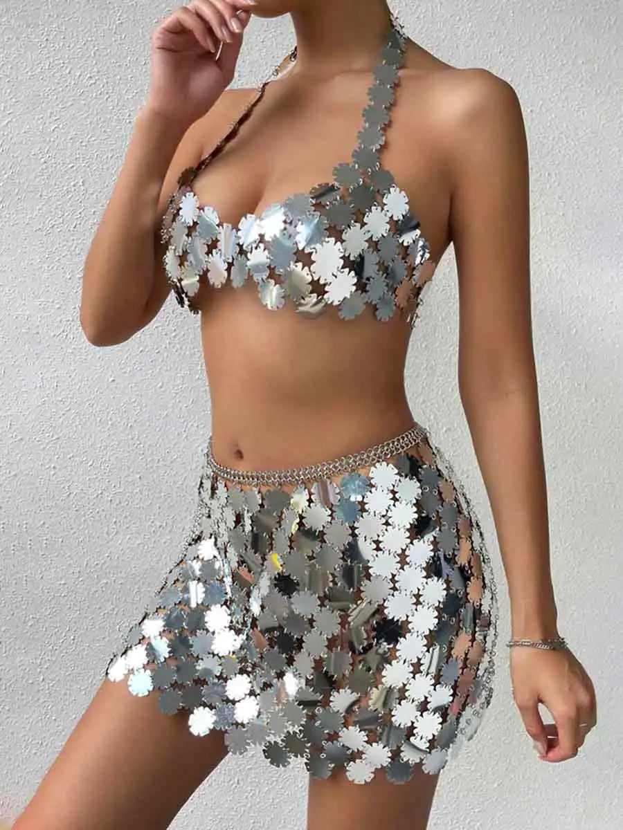 silver disc mini skirt set