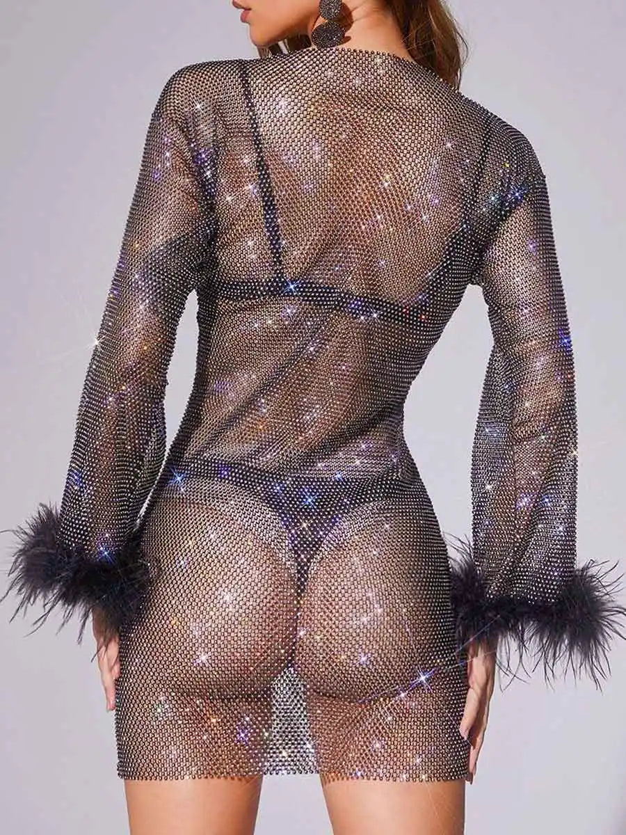 Feather & Rhinestone Mini Dress