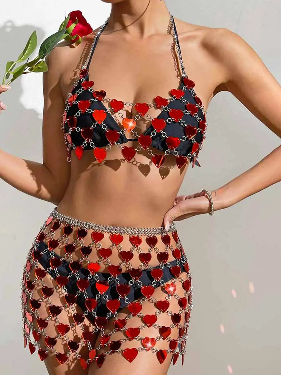 Sequin Red Heart Halter Top & Skirt