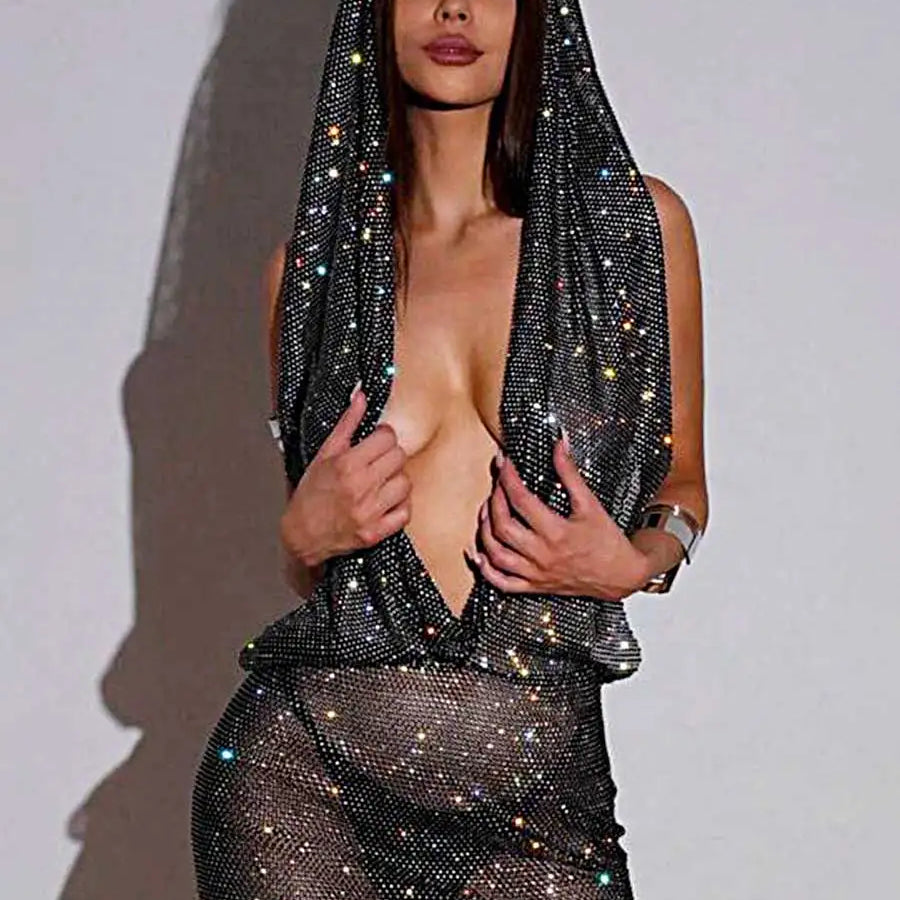 Fishnet Hooded Rhinestone Dress For Party Clubs