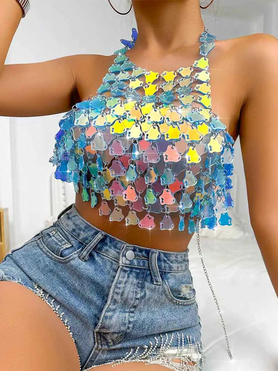 Irregular sequin halterneck top