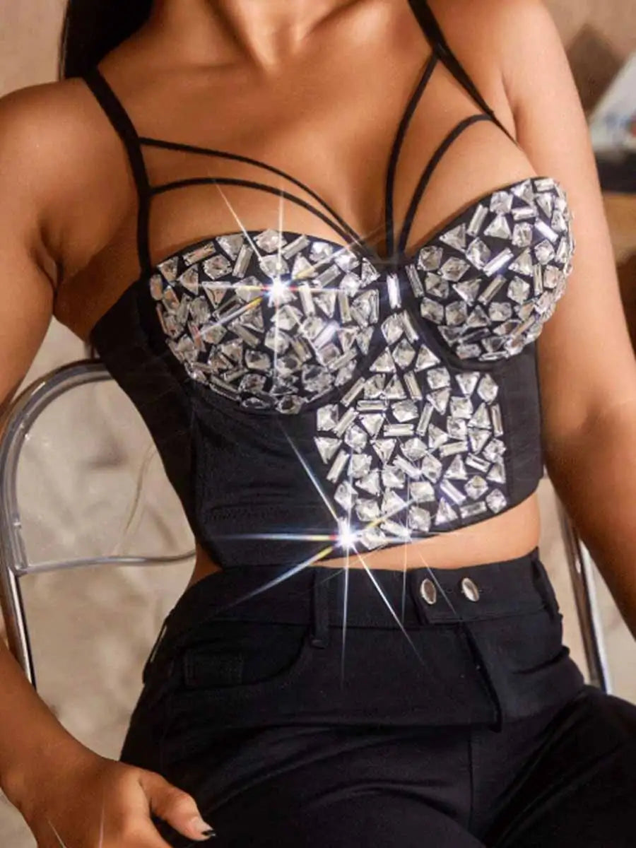 Black Rhinestone Suspender Corset Top