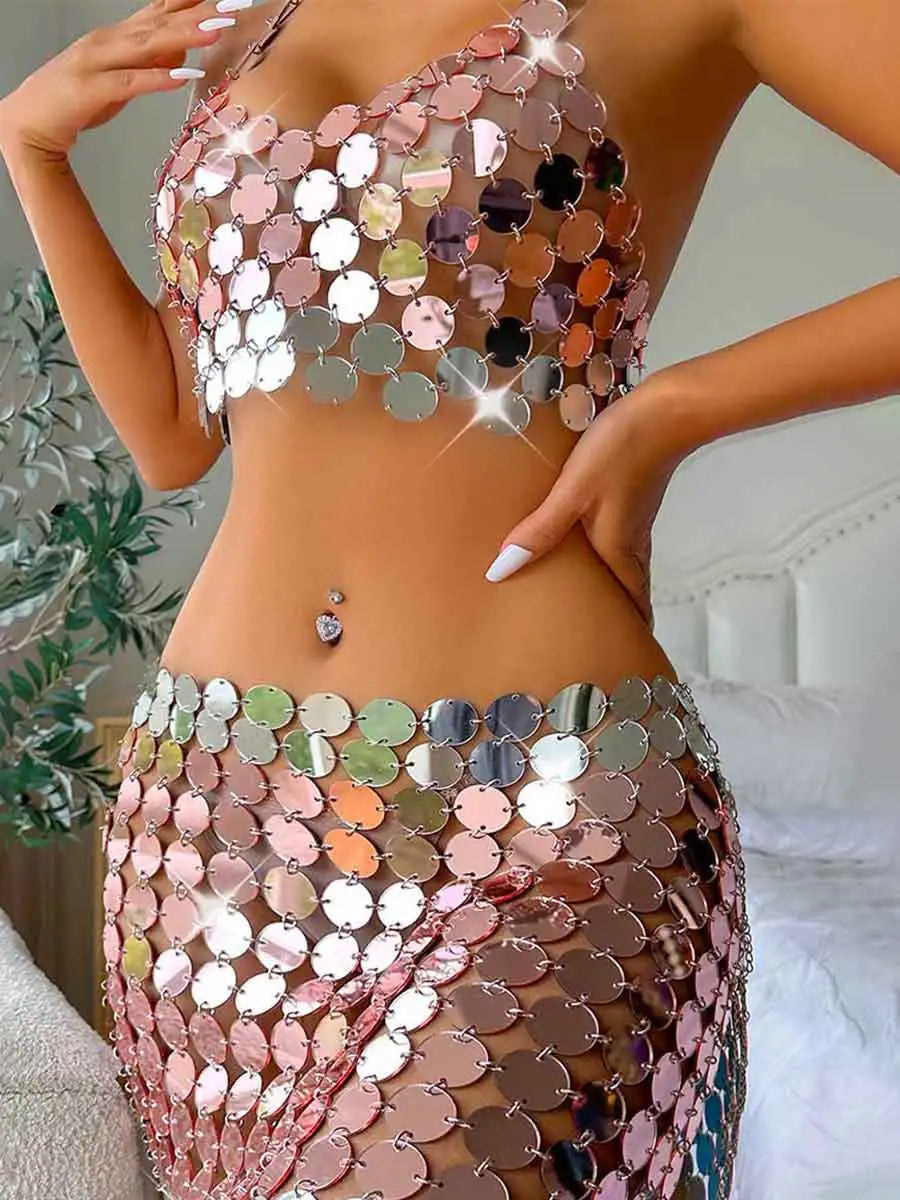 Silver Bra vest + sequin skirt set