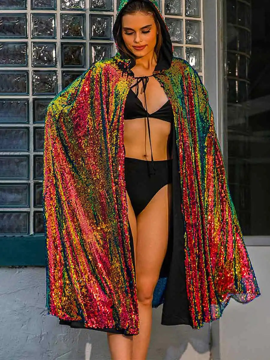 burgundy long sleeve sequin cape with hood