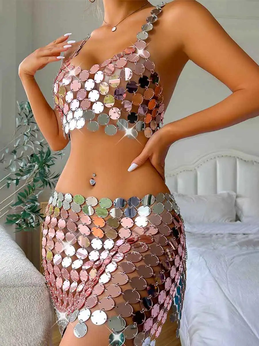 Silver Short bra vest + sequin skirt set