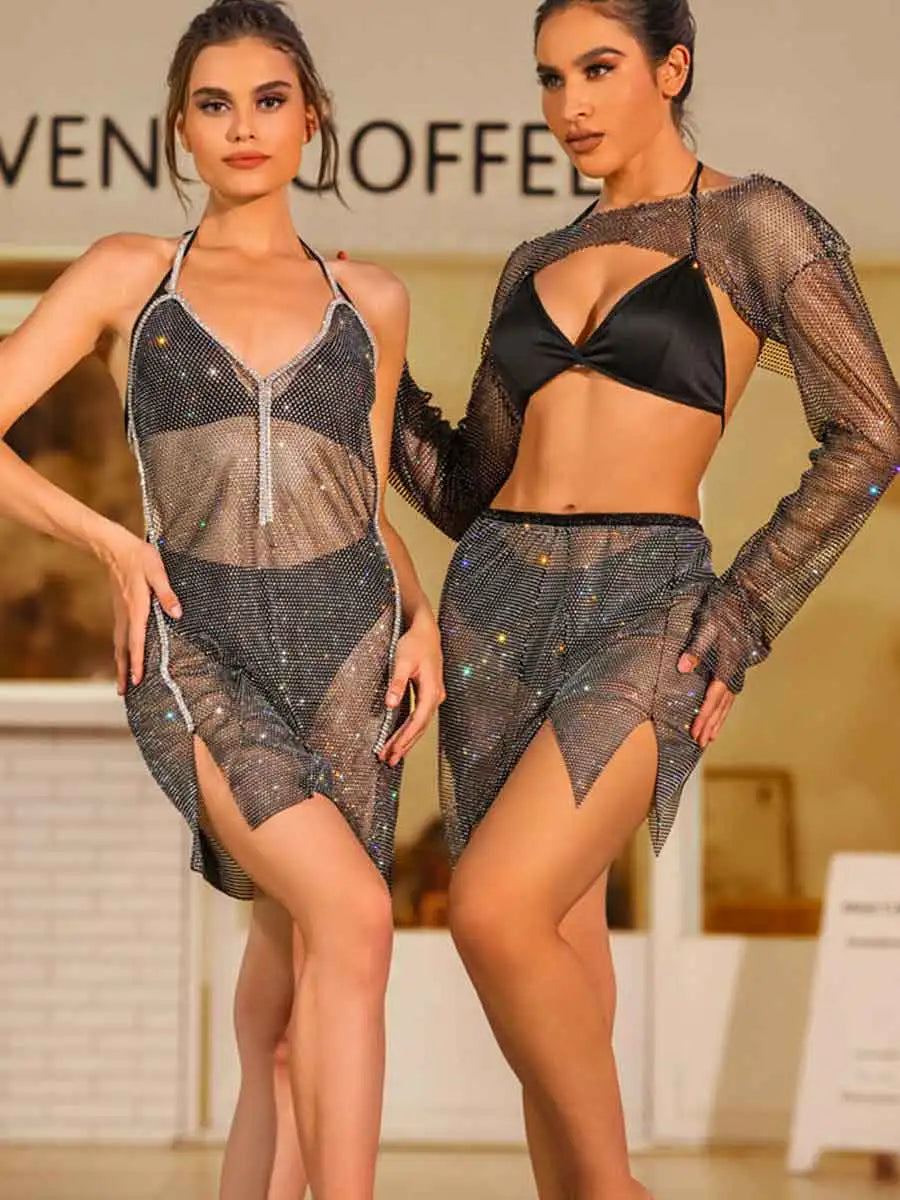 rhinestone mesh pants set