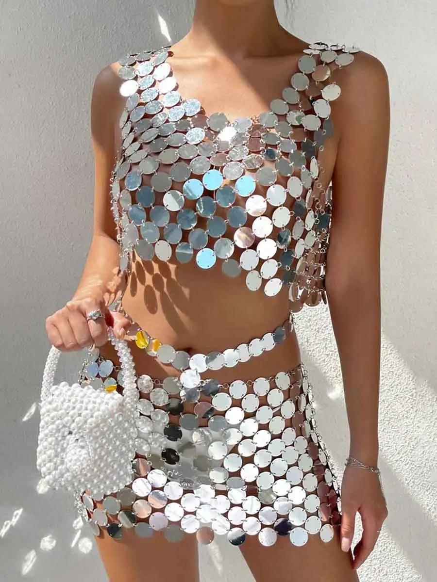 Silver Sequin Bra Top & Skirt