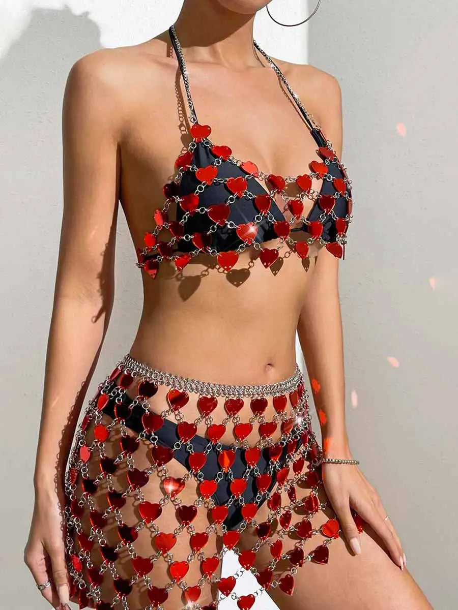 Red Heart Sequin Set: Bra Top & Mini