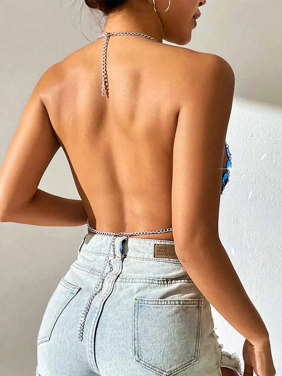 Blue Sequin Bra - Metal Chain Strap V-Neck Bra Top