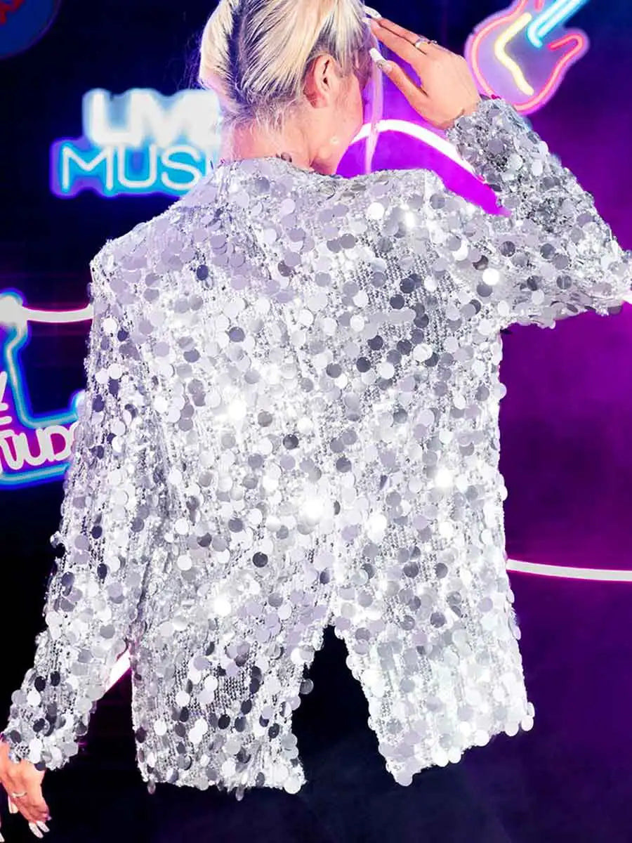 Women's Sequin Tuxedo Jacket - Silver Lapel Blazer
