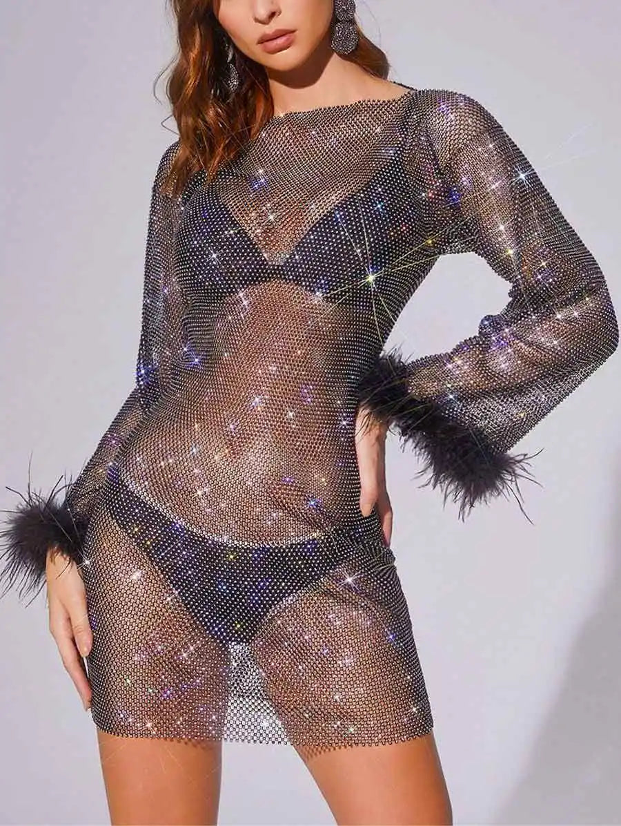 Mesh Feather Rhinestone Dress