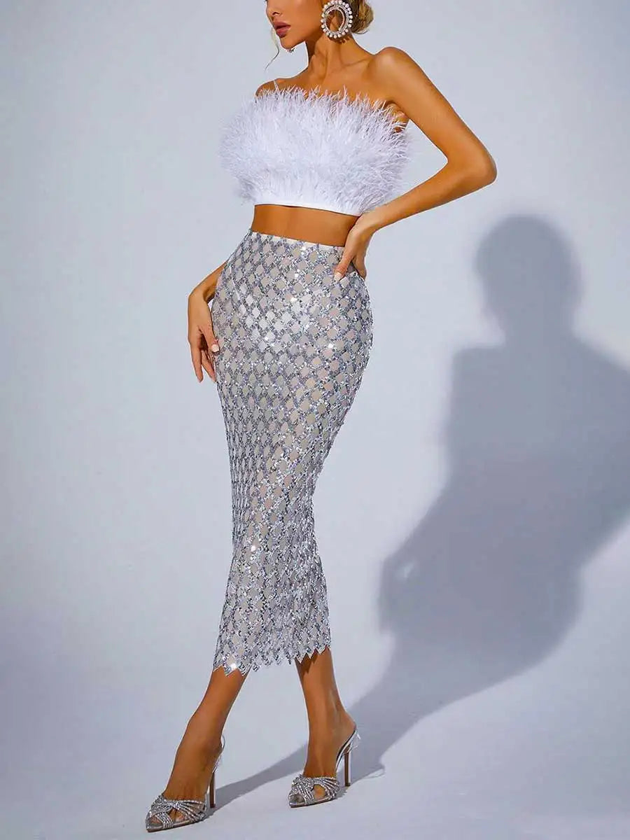 White Feather Sequin Mesh Set