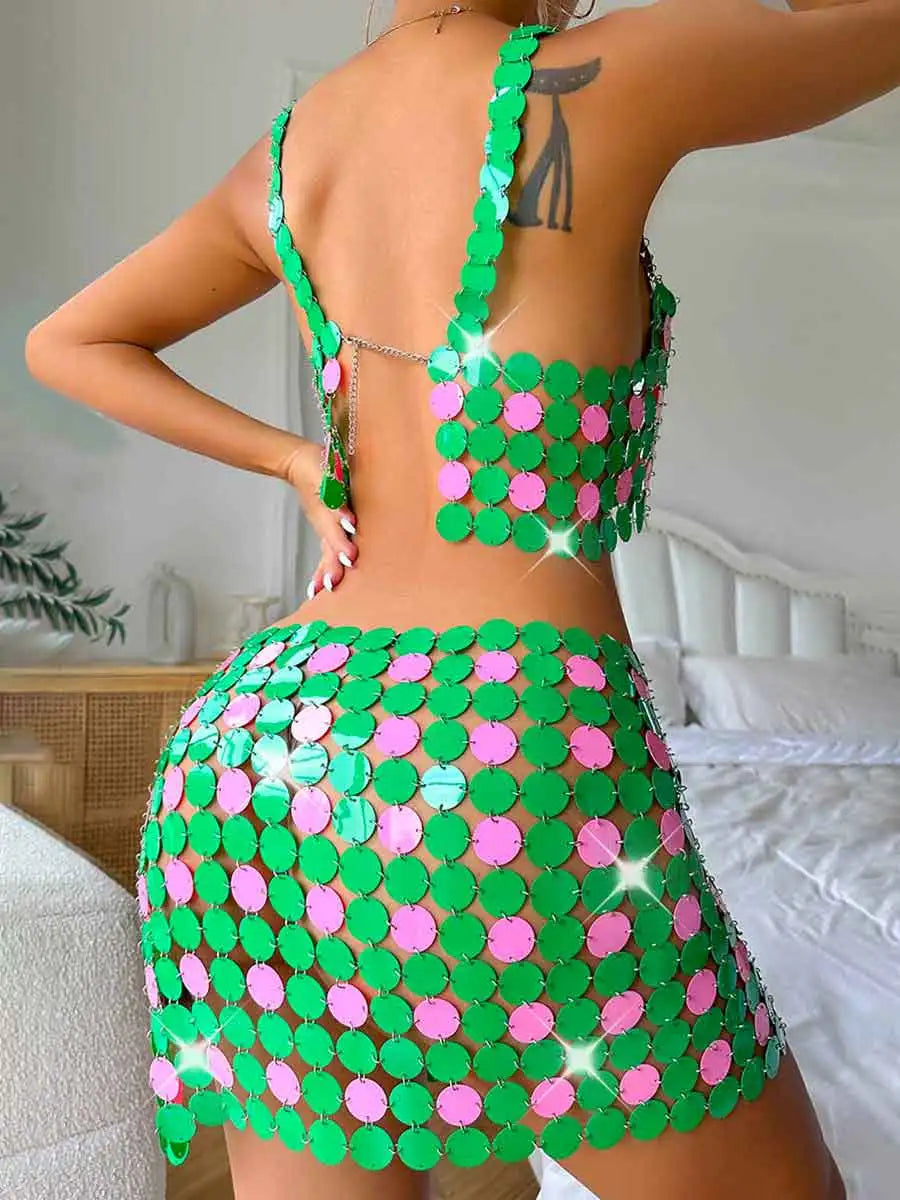 Green Sequin Bra Top & Skirt