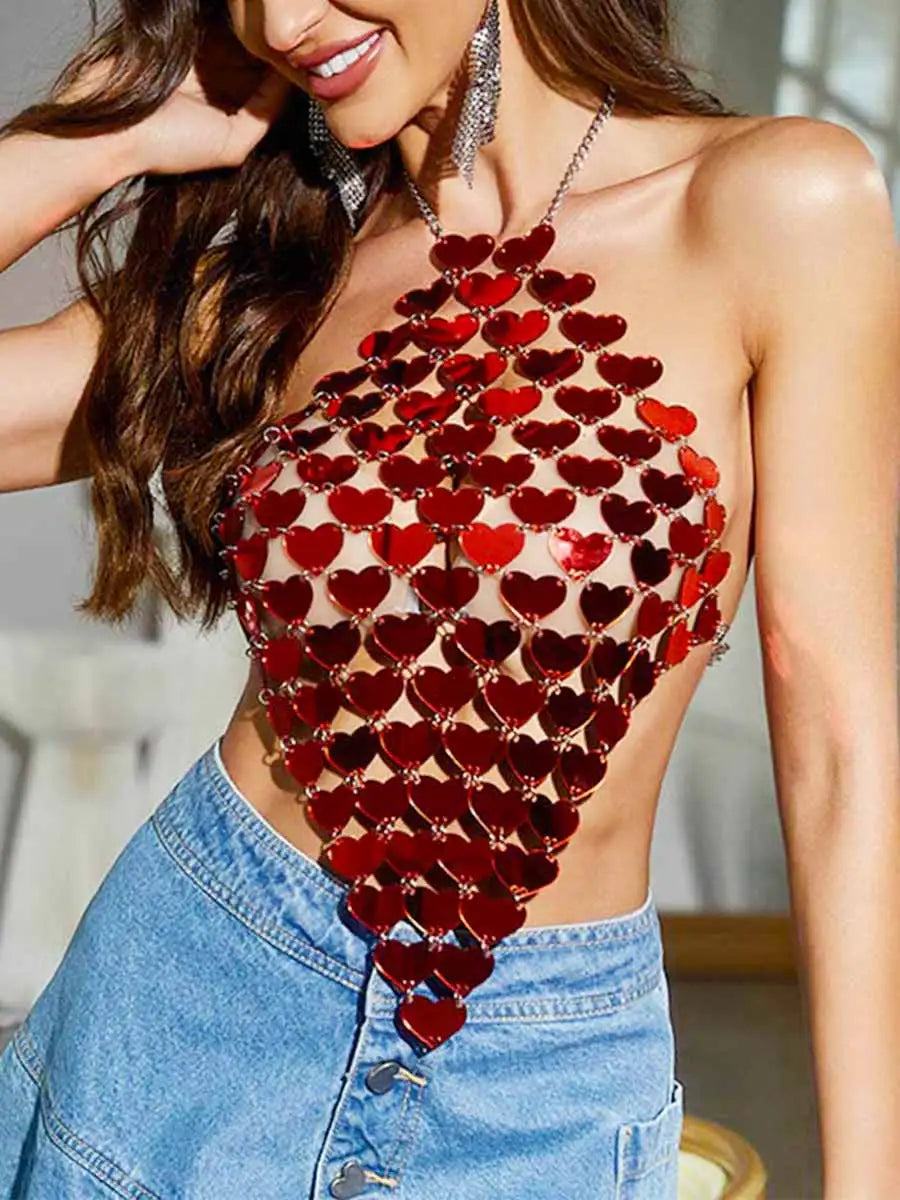 Red Sequin Top - Halter Heart Shape Sequin Tank Top