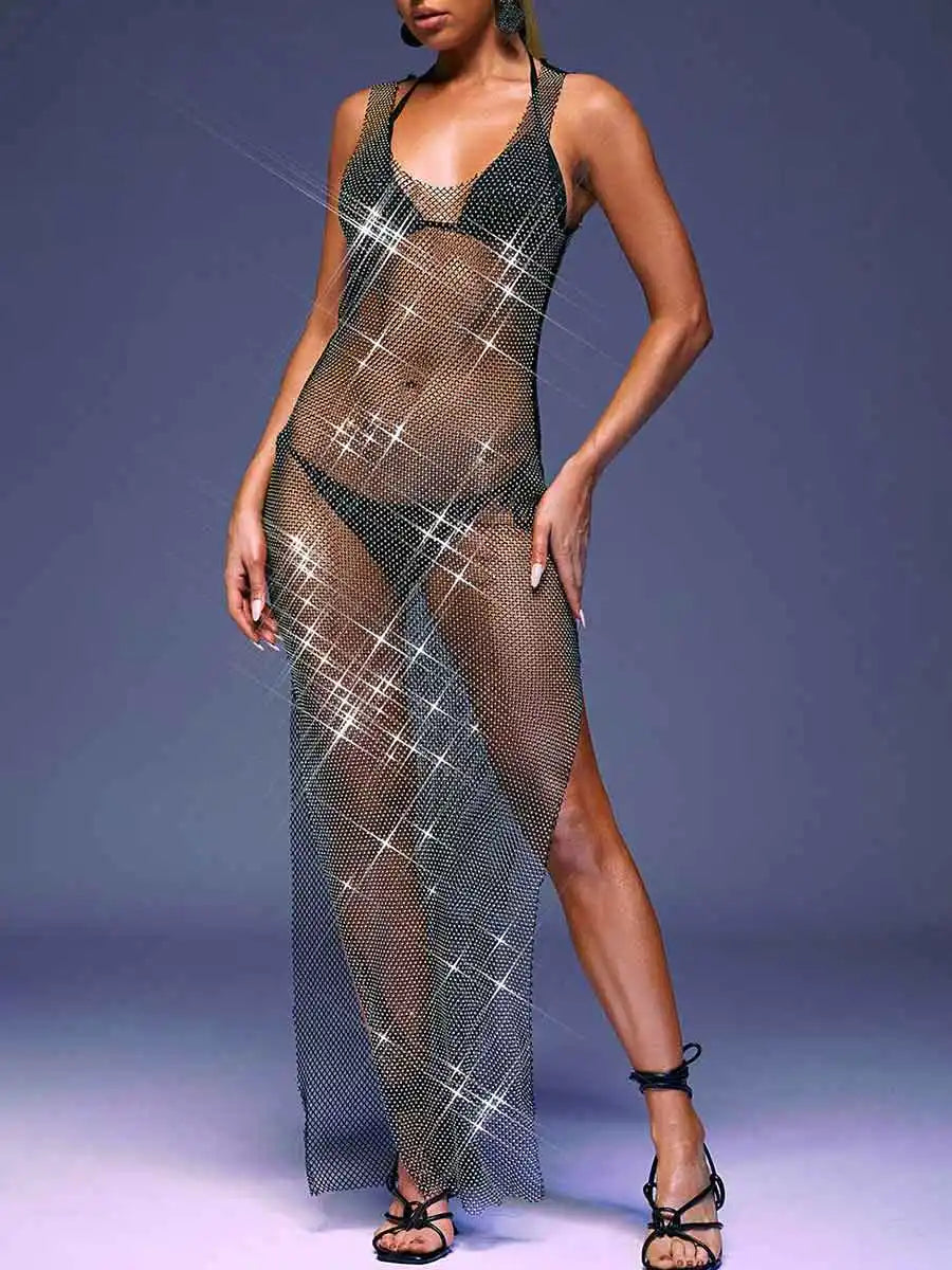 Rhinestone Mesh Slit Dress