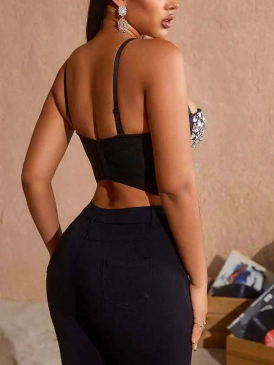 Black Corset Rhinestone - Suspender Crystal Bra Top