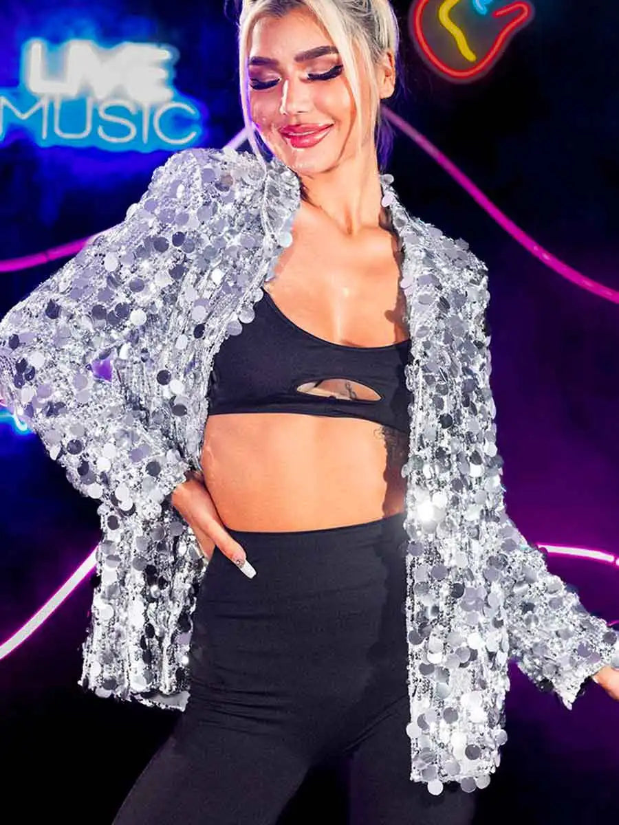 Women's Silver Sequin Tuxedo Blazer