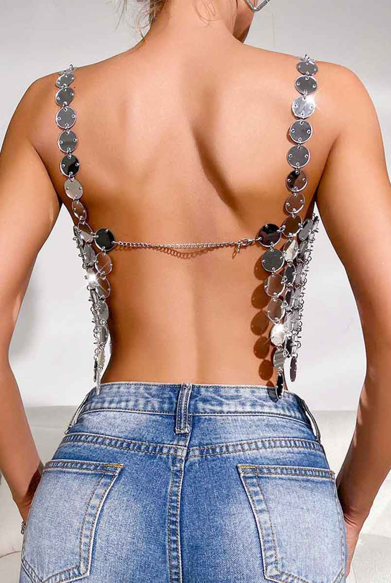 Sequin Bra Silver - Sparkly Large Round Camisole Top