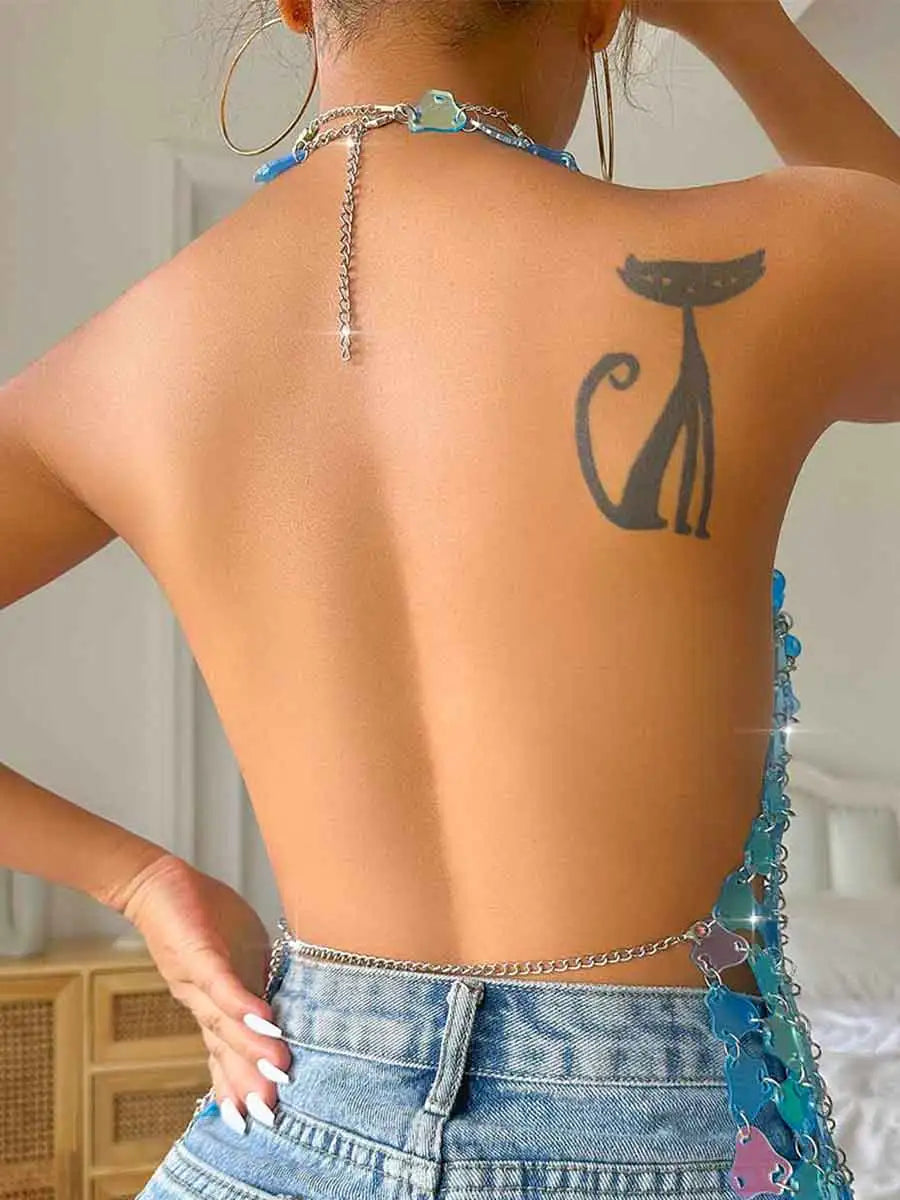 Light Blue Sequin Top - Fashion Style Halter Top