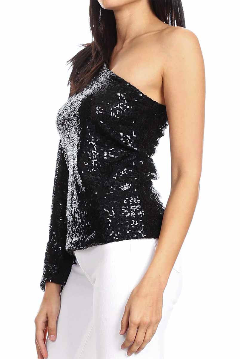 Long Sleeve One Shoulder Women's Black Glitter Shirt